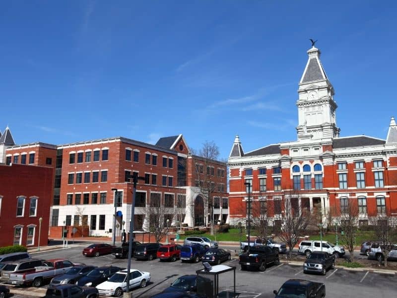 Downtown Clarksville, Tennessee courthouse and surrounding commercial properties relevant to land surveying, property boundaries, and site development