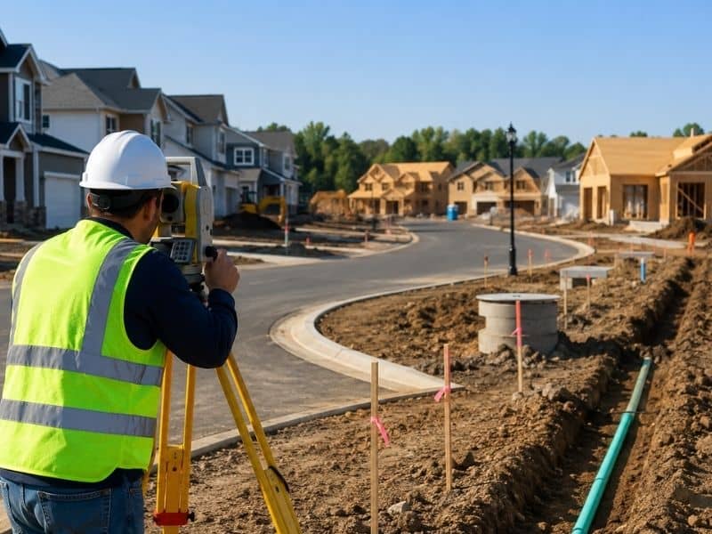 Surveyor establishing construction control beside subdivision roads, utility trenches, and homes being built in separate phases.