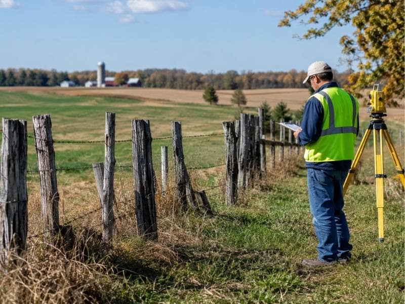 Land surveyor inspecting an old fence row while establishing property boundaries on land divided from a historic rural farm tract.