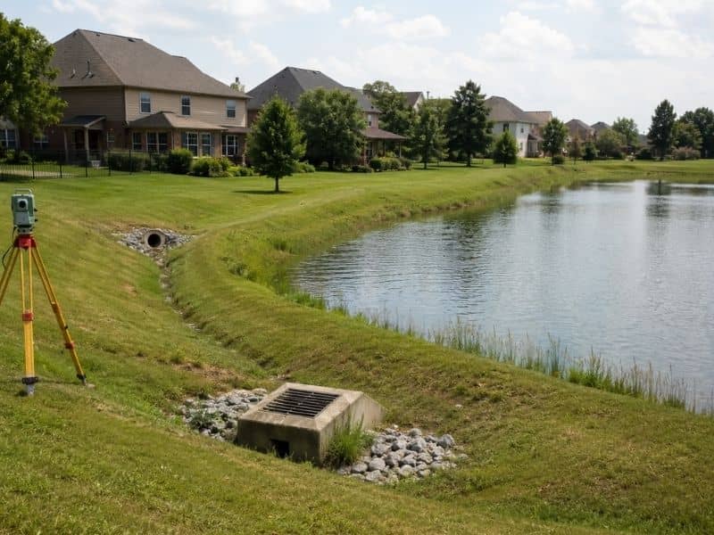 Stormwater Survey showing a residential detention pond and drainage conditions in Clarksville Tennessee